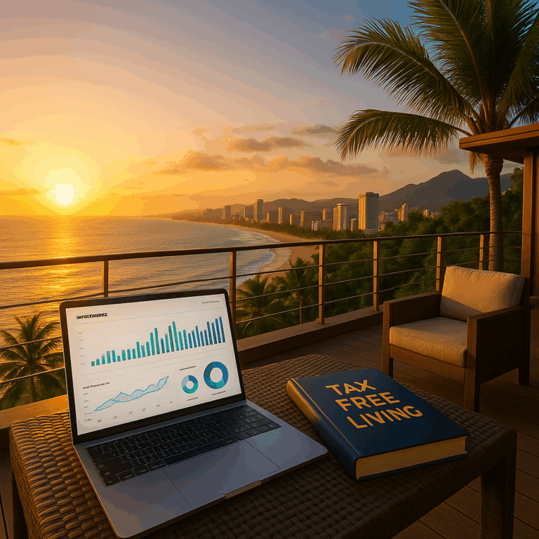Laptop mit Investment-Dashboard auf tropischer Terrasse – symbolisiert steuerfreies Leben und Vermögensaufbau