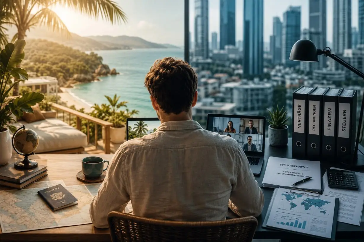 Auswanderer arbeitet am Schreibtisch mit Blick auf die Stadt-Skyline – Symbolbild für Steuerwohnsitz und Betriebsstätte im Ausland
